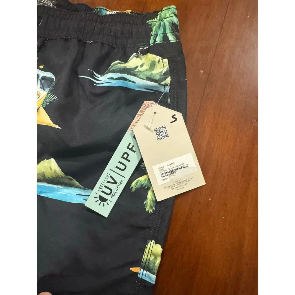 Spicy Tuna Mesh Lined Drawstring Swim Trunks Men Small black Retro VW Multi NWT